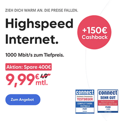 PŸUR Internet mit 10 Monate für nur 9,99€ + 150€ Cashback