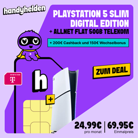 Sony PS5 Slim (Digital) für 69,95€ mit 50 GB Telekom Allnet Flat für 24,99€/Monat + 350€ Boni