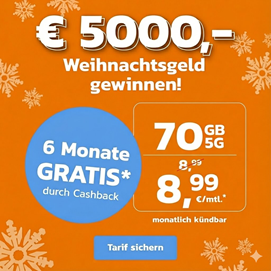 Simyo Allnet-Flat mit 70GB (o2) monatlich kündbar für 4,99€/Monat + 50€ Cashback = die ersten 6 Monate rechnerisch komplett kostenlos