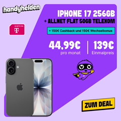 iPhone 17 (256 GB) für 139,00€ mit der freenet Allnet Flat (50 GB, Telekom) für 44,99€/Monat + 300€ Bonus