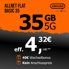 allmobil Allnet Flat Basic (35 GB, Vodafone) für effektiv 4,32€/Monat