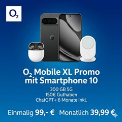 Google Pixel 10 Pro XL (256 GB) + Pixel Buds 2A + Pixelsnap Charger + 150€ Guthaben für 99,00€ mit dem o2 Mobile XL Promo (300 GB, o2) für 39,99€/Monat