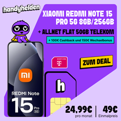 Xiaomi Redmi Note 15 Pro 5G (256 GB) für 49,00€ mit der Allnet Flat (50 GB, Telekom-Netz) für 24,99€/Monat + 250€ Bonus