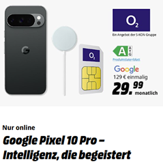 Google Pixel 10 Pro (256 GB) + Google Pixelsnap-Ladegerät für 129€ mit o2 Mobile L Spezial (100 GB 5G) für 29,99€/Monat