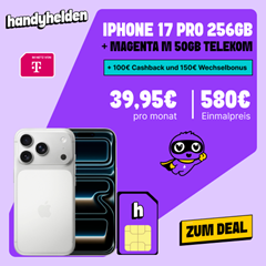 Apple iPhone 17 Pro für 580,00€ mit 50 GB 5G im Telekom-Netz für 39,95€/Monat plus 250€ Bonus möglich