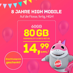 8 Jahre High Mobile: 80GB Daten mit SMS und Sprachflat im Telekom-Netz für 14,99€/Monat (optional monatlich kündbar für 16,99€/Monat)