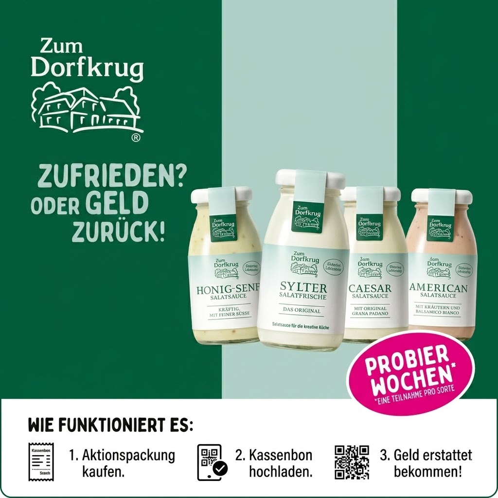 Zum Dorfkrug gratis testen: Jetzt Kaufpreis für Salatsaucen oder Desserts zurückholen