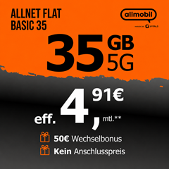 allmobil Allnet Flat Basic (35 GB, Vodafone) für effektiv 4,91€/Monat