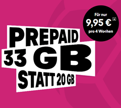 MagentaMobil Prepaid-Tarif mit dauerhaft 33GB für 9,95€ für 4 Wochen + 10€ Startguthaben