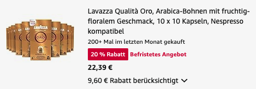 Lavazza Qualità Oro Nespresso-kompatibel (100 Kapseln) für 22,39€ (Vergleich: 35,89€)