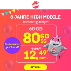 HIGH M 80GB 5G Tarif für 12,49€/Monat (50 Mbit/s) im Telekom Netz