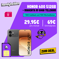 Honor 600 (512 GB) für 69€ + Telekom Magenta M (50 GB) für 29,95€ im Monat + 300€ Bonus