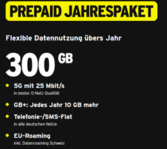 congstar Prepaid Jahrespaket: 300 GB Allnet Flat im Telekom-Netz für 100€/Jahr