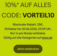 [personalisiert] eBay: 10% Rabatt auf fast alles mit Code VORTEIL10 (bis 30.06.)