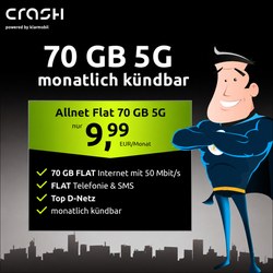 crash Allnet Flat 70GB im Vodafone-Netz für 9,99€/Monat – monatlich kündbar + kein Anschlusspreis