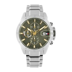 Tommy Hilfiger Dual-Time Herrenuhr (43 mm, Edelstahl, olivgrün) für 114,71€ (statt 135,17€)