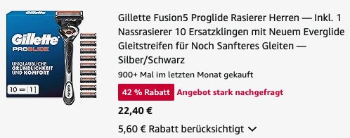 Gillette Fusion5 Proglide Rasierer Herren inkl. 10 Erstazklingen für 22,40€ (Vergleich: 32,95€)