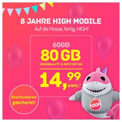 HIGH 80 5G (HIGH M): 80 GB im Telekom-Netz für 12,49€/Monat (0€ Anschluss)