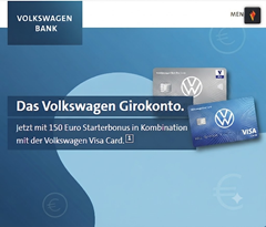 Volkswagen Bank Girokonto + Visa Card: 150€ Starterbonus sichern