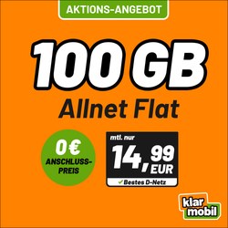 klarmobil Allnet Flat 100 GB (Telekom) für 14,99€/Monat – 0€ Anschluss