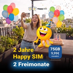 Happy SIM 75 GB Allnet-Flat (o2-Netz, 5G) für 9,99€/Monat mit 2 Freimonaten & 0€ Anschluss – optional monatlich kündbar