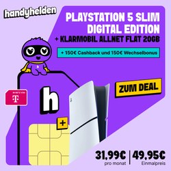 PlayStation 5 Slim für 49,95€ + Telekom Allnet 20GB für 31,99€/Monat + 300€ Boni bei Handyhelden