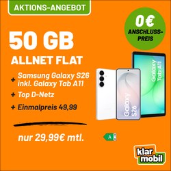 Samsung Galaxy S26 (256 GB)für 49,99€ mit 50 GB Vodafone Allnet für 24,99€/Monat bei klarmobil